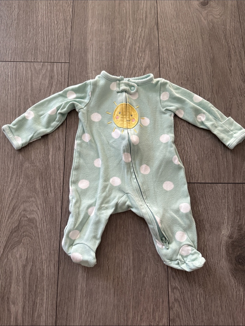 Mint Green Polka Dot Baby Footed Sleeper with Sun design - newborn